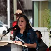 Katzie First Nation Chief Grace George at the podium giving a speech